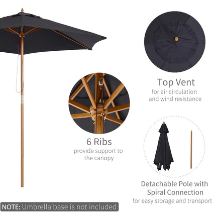 2.5m Wooden Garden Patio Parasol with Pulley Mechanism - Black