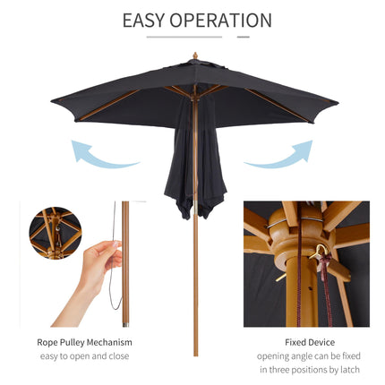 2.5m Wooden Garden Patio Parasol with Pulley Mechanism - Black