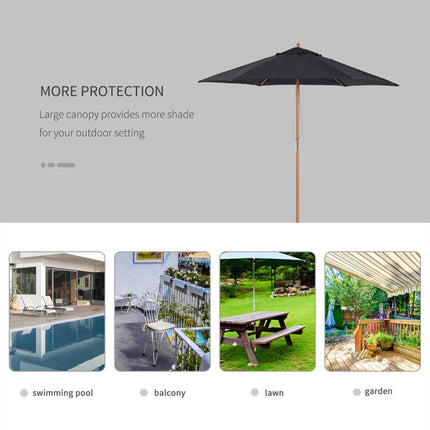2.5m Wooden Garden Patio Parasol with Pulley Mechanism - Black