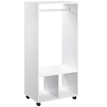 Mobile Open Wardrobe with Hanging Rod and Storage Shelves on Wheels - White