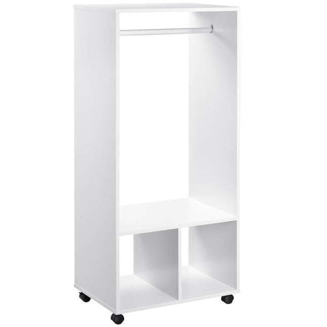 Mobile Open Wardrobe with Hanging Rod and Storage Shelves on Wheels - White
