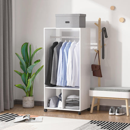 Mobile Open Wardrobe with Hanging Rod and Storage Shelves on Wheels - White