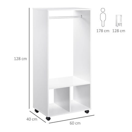 Mobile Open Wardrobe with Hanging Rod and Storage Shelves on Wheels - White