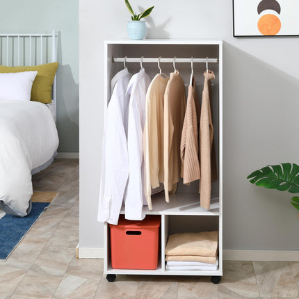 Mobile Open Wardrobe with Hanging Rod and Storage Shelves on Wheels - White