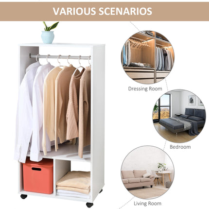 Mobile Open Wardrobe with Hanging Rod and Storage Shelves on Wheels - White