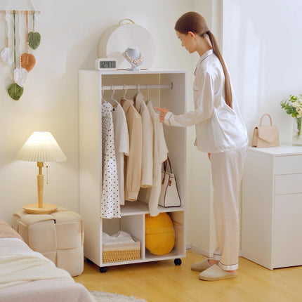 Mobile Open Wardrobe with Hanging Rod and Storage Shelves on Wheels - White