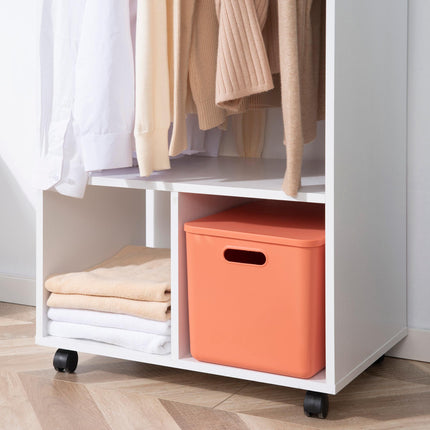 Mobile Open Wardrobe with Hanging Rod and Storage Shelves on Wheels - White