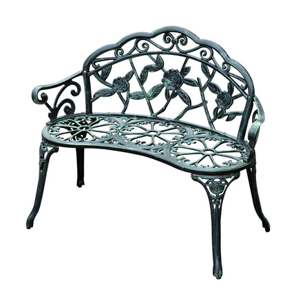 Cast Aluminium Outdoor Garden Patio Bench with Antique Rose Design - Green