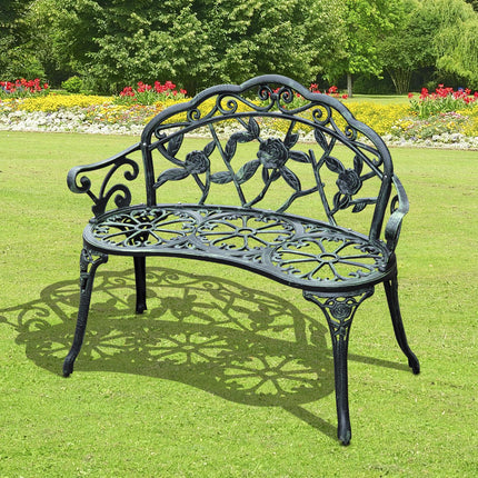 Cast Aluminium Outdoor Garden Patio Bench with Antique Rose Design - Green