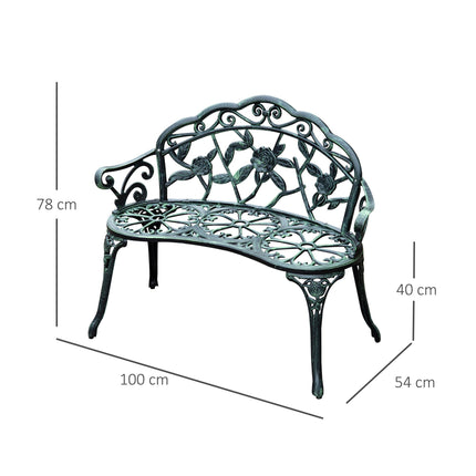 Cast Aluminium Outdoor Garden Patio Bench with Antique Rose Design - Green