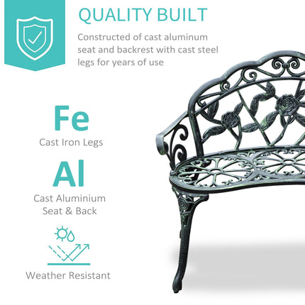 Cast Aluminium Outdoor Garden Patio Bench with Antique Rose Design - Green