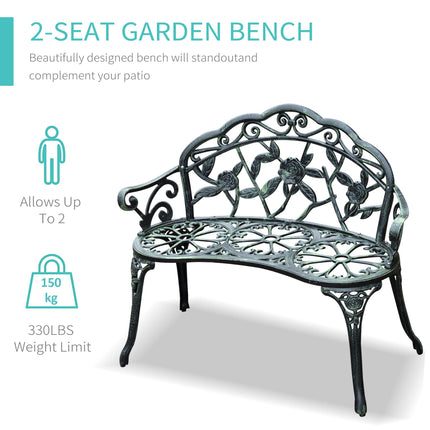 Cast Aluminium Outdoor Garden Patio Bench with Antique Rose Design - Green