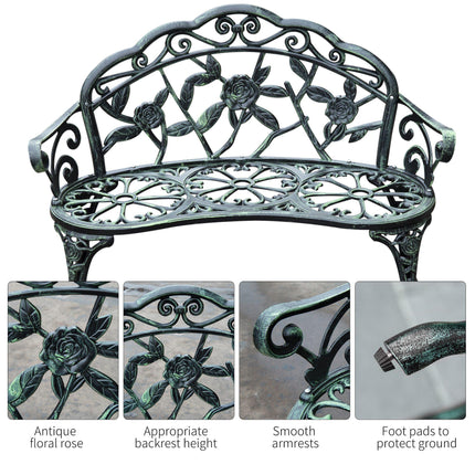 Cast Aluminium Outdoor Garden Patio Bench with Antique Rose Design - Green