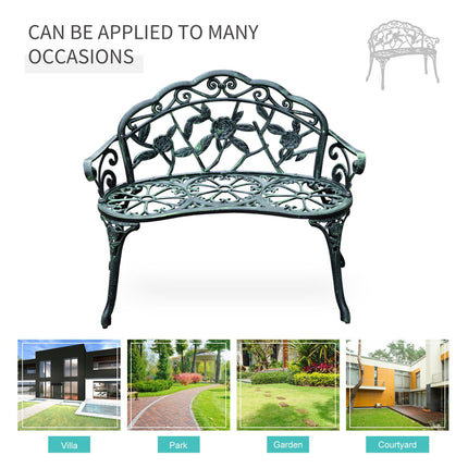 Cast Aluminium Outdoor Garden Patio Bench with Antique Rose Design - Green