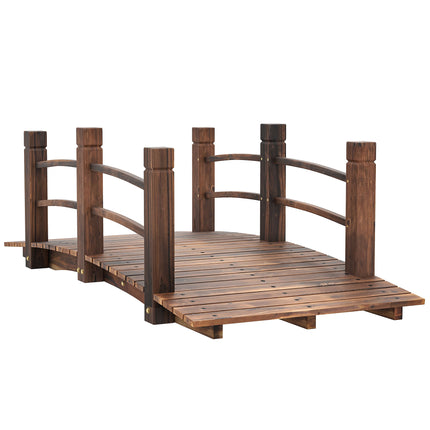 Wooden Garden Bridge with Railings Arched Outdoor Pond Walkway - Stained Finish