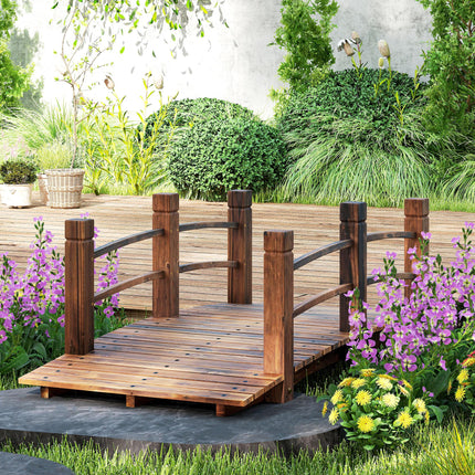 Wooden Garden Bridge with Railings Arched Outdoor Pond Walkway - Stained Finish