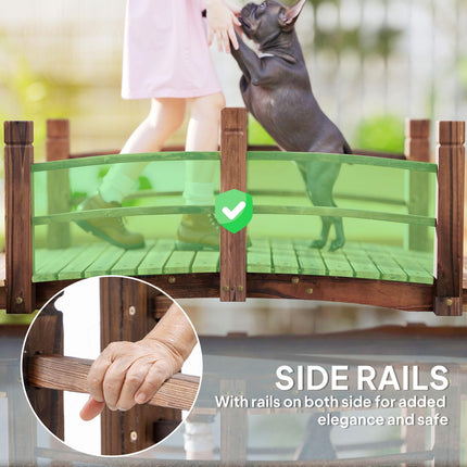 Wooden Garden Bridge with Railings Arched Outdoor Pond Walkway - Stained Finish