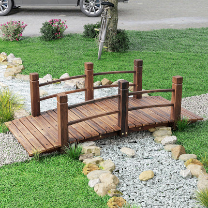 Wooden Garden Bridge with Railings Arched Outdoor Pond Walkway - Stained Finish