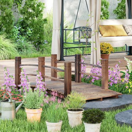 Wooden Garden Bridge with Railings Arched Outdoor Pond Walkway - Stained Finish