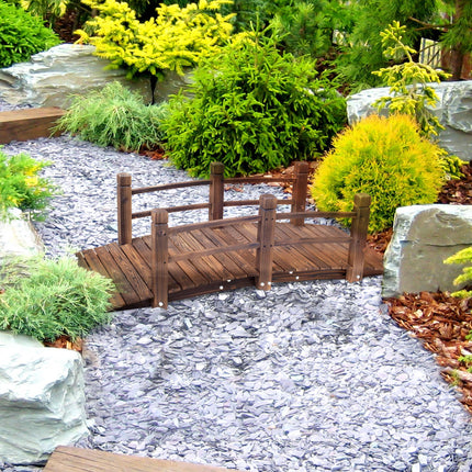 Wooden Garden Bridge with Railings Arched Outdoor Pond Walkway - Stained Finish