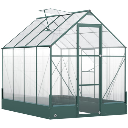 Garden Walk-in Aluminium Greenhouse 6x8ft with Polycarbonate Panels, Plant Bed & Temperature-Controlled Window - Green