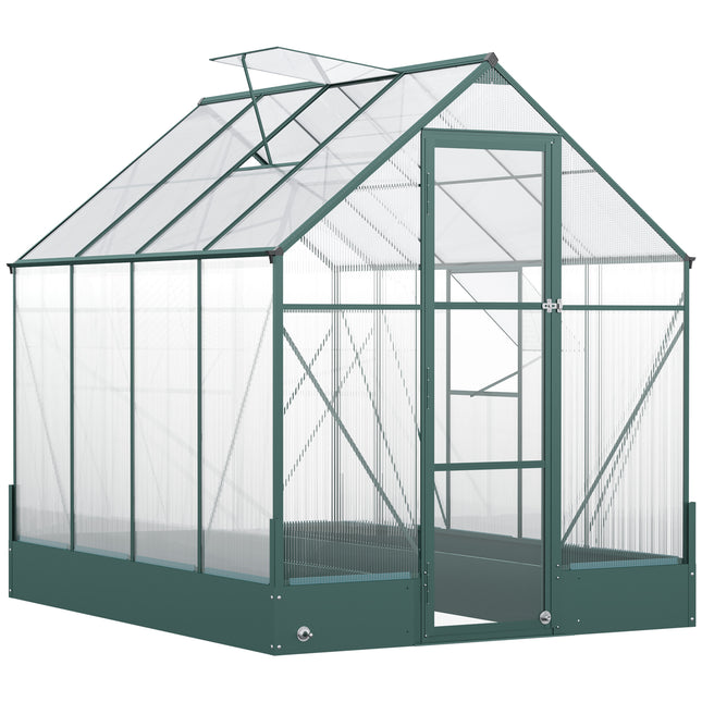 Garden Walk-in Aluminium Greenhouse 6x8ft with Polycarbonate Panels, Plant Bed & Temperature-Controlled Window - Green