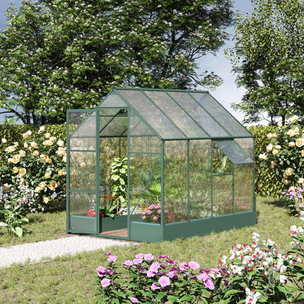 Garden Walk-in Aluminium Greenhouse 6x8ft with Polycarbonate Panels, Plant Bed & Temperature-Controlled Window - Green