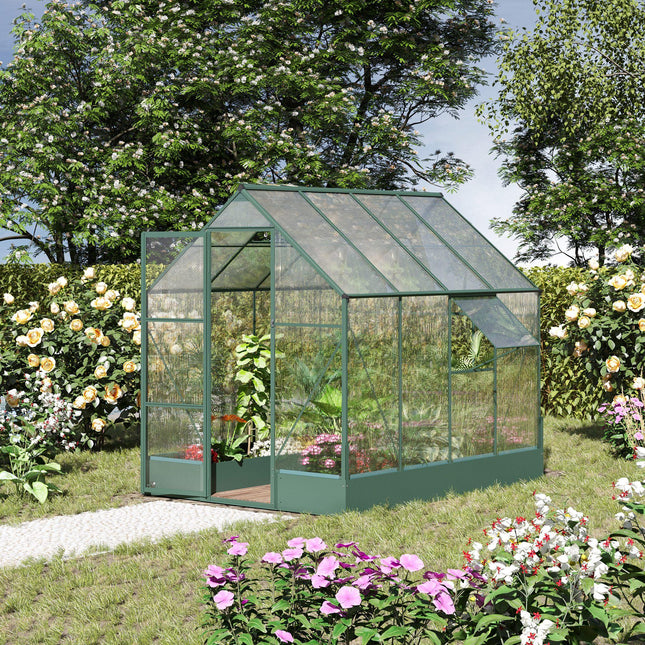 Garden Walk-in Aluminium Greenhouse 6x8ft with Polycarbonate Panels, Plant Bed & Temperature-Controlled Window - Green
