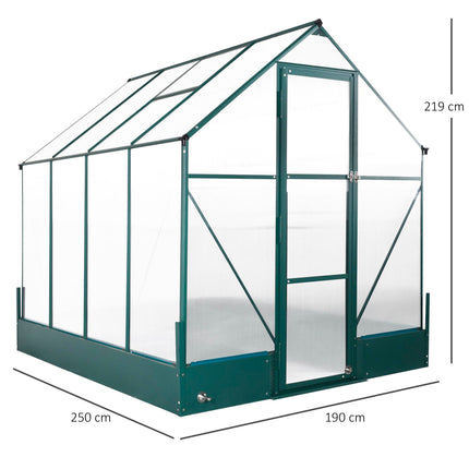 Garden Walk-in Aluminium Greenhouse 6x8ft with Polycarbonate Panels, Plant Bed & Temperature-Controlled Window - Green