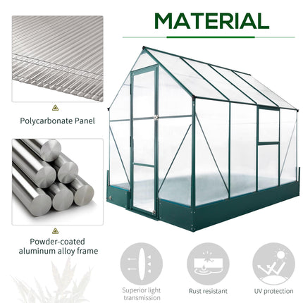 Garden Walk-in Aluminium Greenhouse 6x8ft with Polycarbonate Panels, Plant Bed & Temperature-Controlled Window - Green