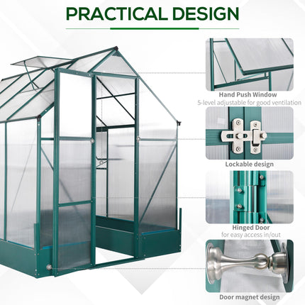 Garden Walk-in Aluminium Greenhouse 6x8ft with Polycarbonate Panels, Plant Bed & Temperature-Controlled Window - Green