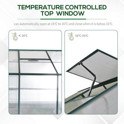Garden Walk-in Aluminium Greenhouse 6x8ft with Polycarbonate Panels, Plant Bed & Temperature-Controlled Window - Green