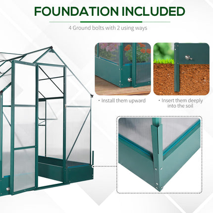 Garden Walk-in Aluminium Greenhouse 6x8ft with Polycarbonate Panels, Plant Bed & Temperature-Controlled Window - Green