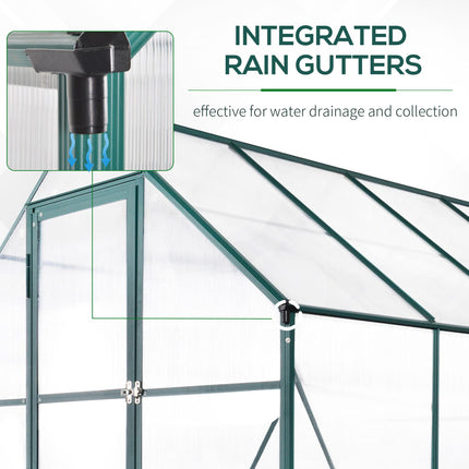 Garden Walk-in Aluminium Greenhouse 6x8ft with Polycarbonate Panels, Plant Bed & Temperature-Controlled Window - Green