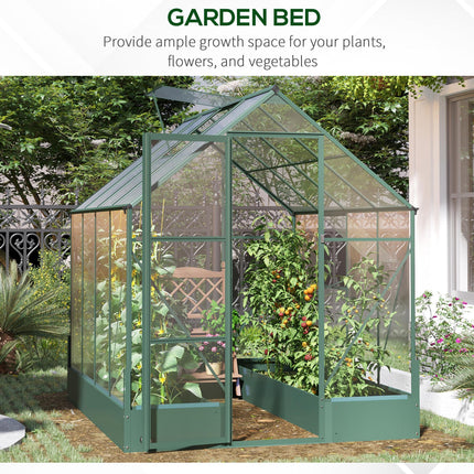 Garden Walk-in Aluminium Greenhouse 6x8ft with Polycarbonate Panels, Plant Bed & Temperature-Controlled Window - Green