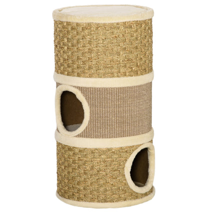Cat Scratching Barrel Kitten Tree Tower with Sisal and Seaweed Rope - Khaki Brown
