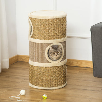 Cat Scratching Barrel Kitten Tree Tower with Sisal and Seaweed Rope - Khaki Brown
