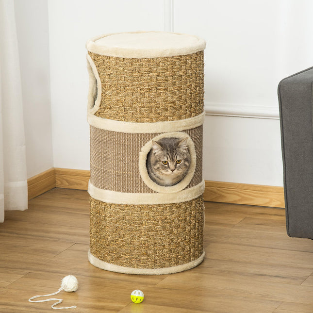 Cat Scratching Barrel Kitten Tree Tower with Sisal and Seaweed Rope - Khaki Brown