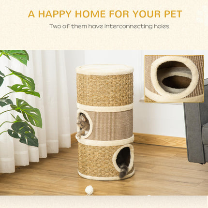 Cat Scratching Barrel Kitten Tree Tower with Sisal and Seaweed Rope - Khaki Brown