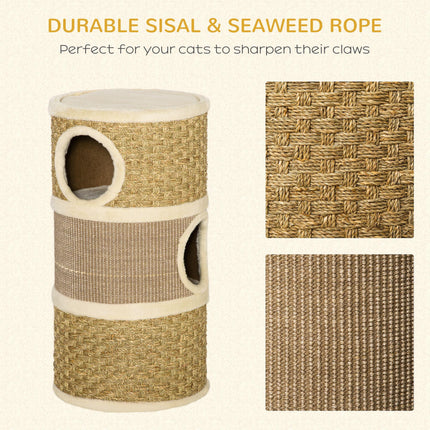 Cat Scratching Barrel Kitten Tree Tower with Sisal and Seaweed Rope - Khaki Brown