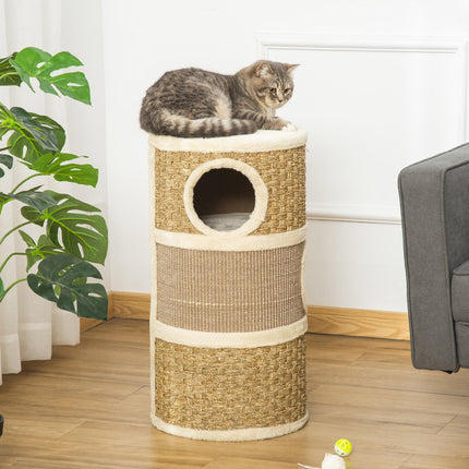 Cat Scratching Barrel Kitten Tree Tower with Sisal and Seaweed Rope - Khaki Brown