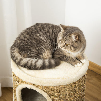 Cat Scratching Barrel Kitten Tree Tower with Sisal and Seaweed Rope - Khaki Brown