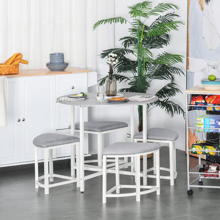 Modern Round Dining Table Set with 4 Upholstered Stools for Dining Room - Grey White