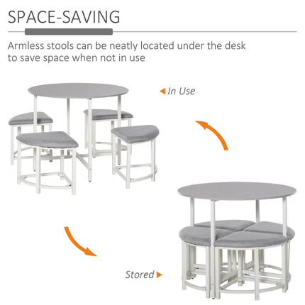 Modern Round Dining Table Set with 4 Upholstered Stools for Dining Room - Grey White