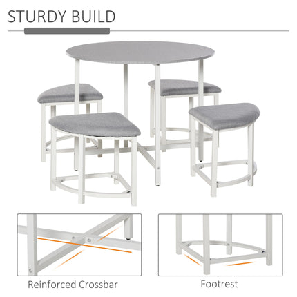 Modern Round Dining Table Set with 4 Upholstered Stools for Dining Room - Grey White