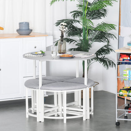 Modern Round Dining Table Set with 4 Upholstered Stools for Dining Room - Grey White