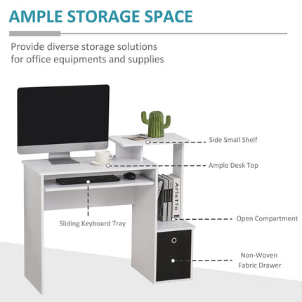 Compact Small Computer PC Desk with Sliding Keyboard Tray, Storage Drawer & Shelf - White