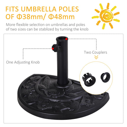 9kg Half Round Resin Parasol Base with Floral Design for Φ3.8cm & Φ4.8cm Umbrella Rod - Black