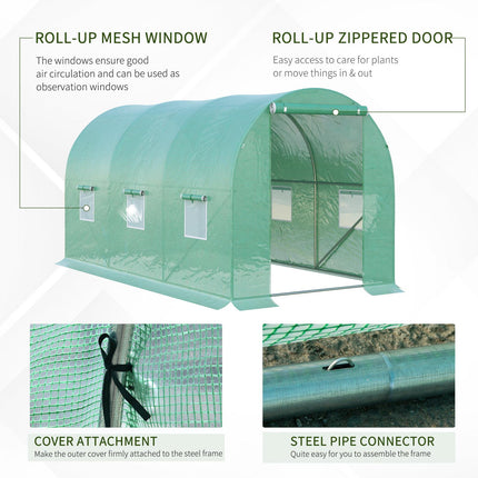 4 Piece Polytunnel Greenhouse with Galvanised Steel Frame 3.95x1.95x1.9m - Green