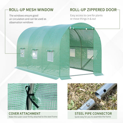 4 Piece Polytunnel Greenhouse with Galvanised Steel Frame 3.95x1.95x1.9m - Green
